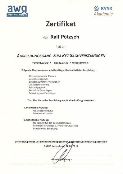 Zertifikat Ausbildungsgang zum Kfz-Sachverstaendigen