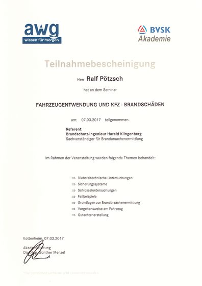 Bescheinigung Fahrzeugentwendung und Kfz-Brandschaeden