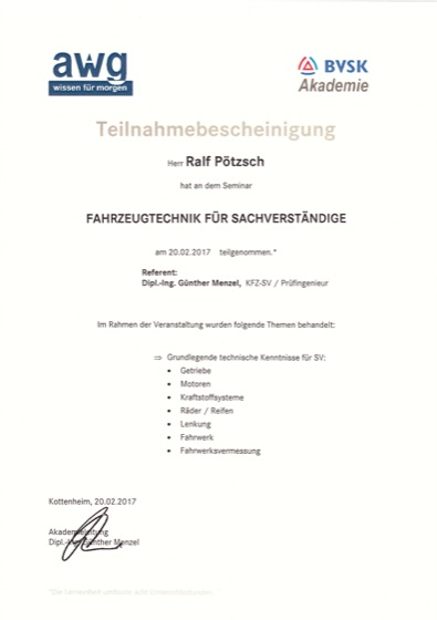 Bescheinigung Fahrzeugtechnik fuer Sachverstaendige
