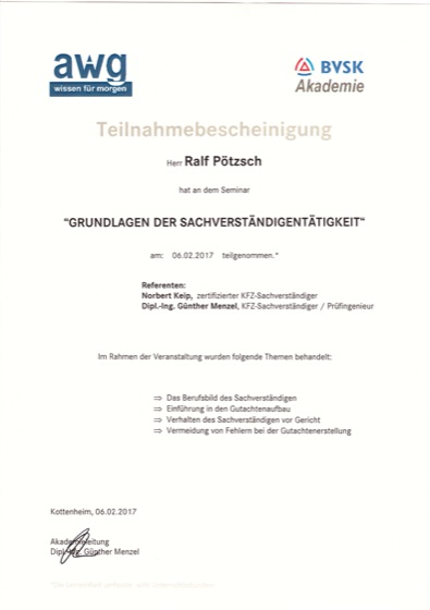 Bescheinigung Grundlagen der Sachverstaendigentaetigkeit