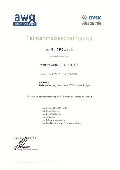 Bescheinigung Nutzfahrzeugschaden