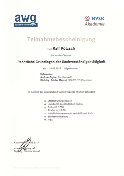 Bescheinigung Rechtliche Grundlagen der Sachverstaendigentaetigkeit