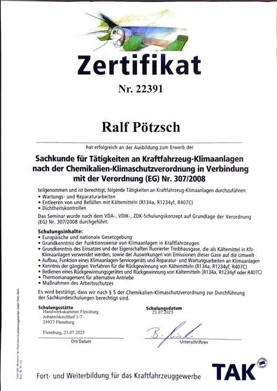 Zertifikat Sachkunde fuer Taetigkeiten an Kraftfahrzeug-Klimaanlagen