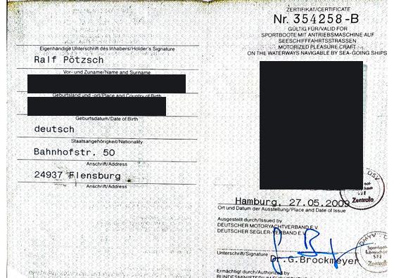 Sportbootfuehrerschein See, Zertifikat Nr. 354258-B